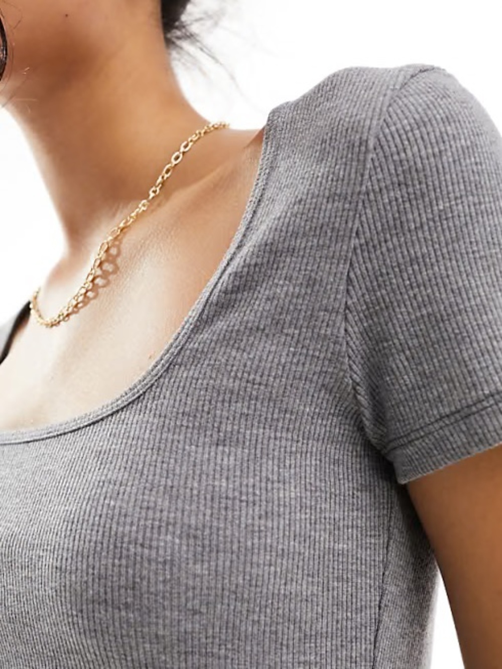 Abercrombie & Fitch Square Neck Short Sleeve Gray Ribbed Tee